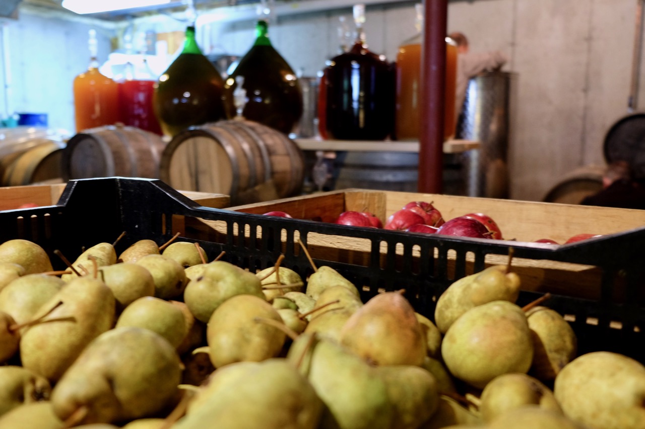 Pears and apples in Teddy Weber's home cidery in Roxbury, Vermont