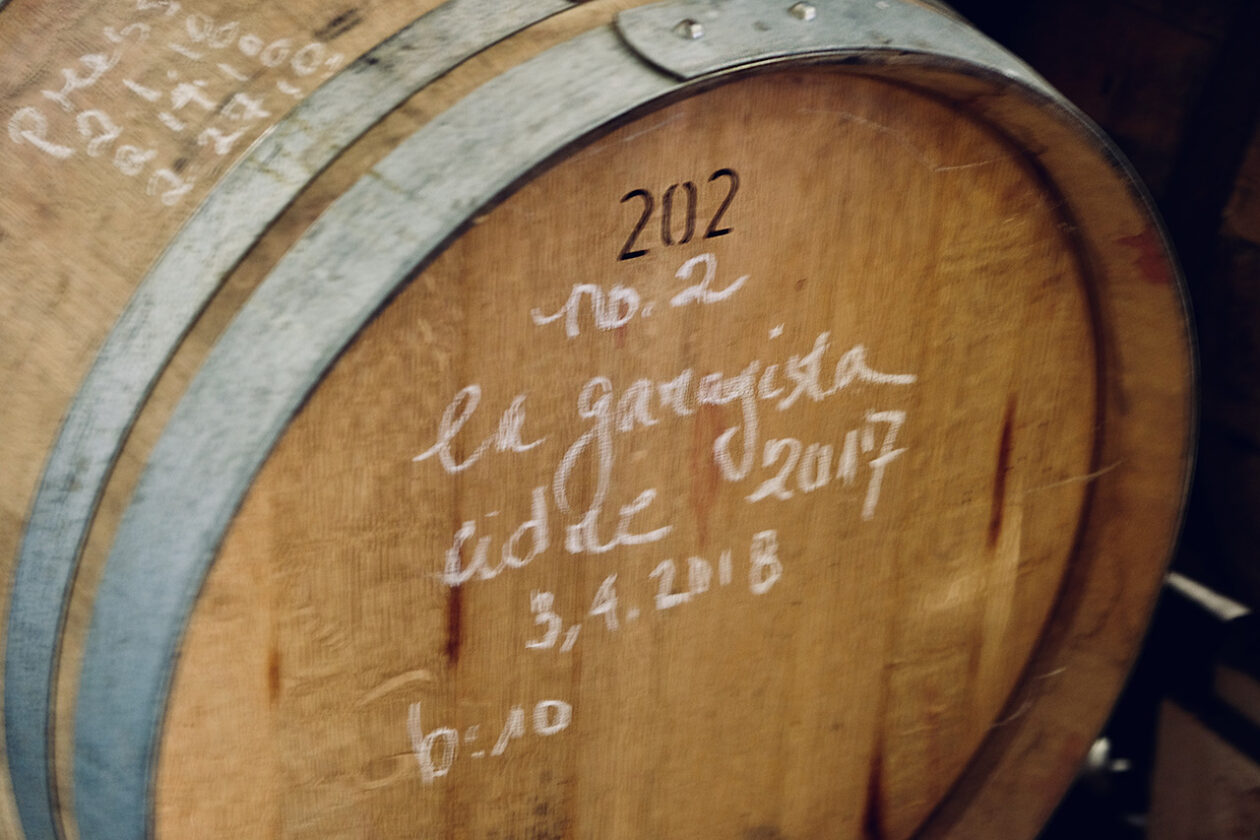 A barrel of cider in the cellar at La Garagista in Barnard, Vt.