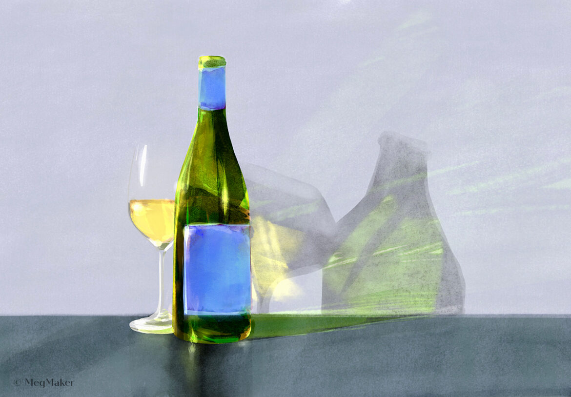 Painting of a bottle and glass of white wine sitting on a table. Sunlight is streaming through the objects making reflections and shadows.