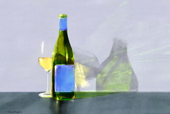 Painting of a bottle and glass of white wine sitting on a table. Sunlight is streaming through the objects making reflections and shadows.