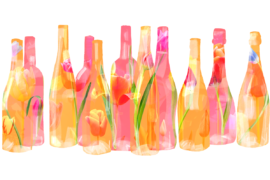 Drawing of a range of wine bottles stylized with flowers