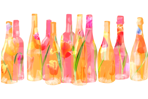 Drawing of a range of wine bottles stylized with flowers
