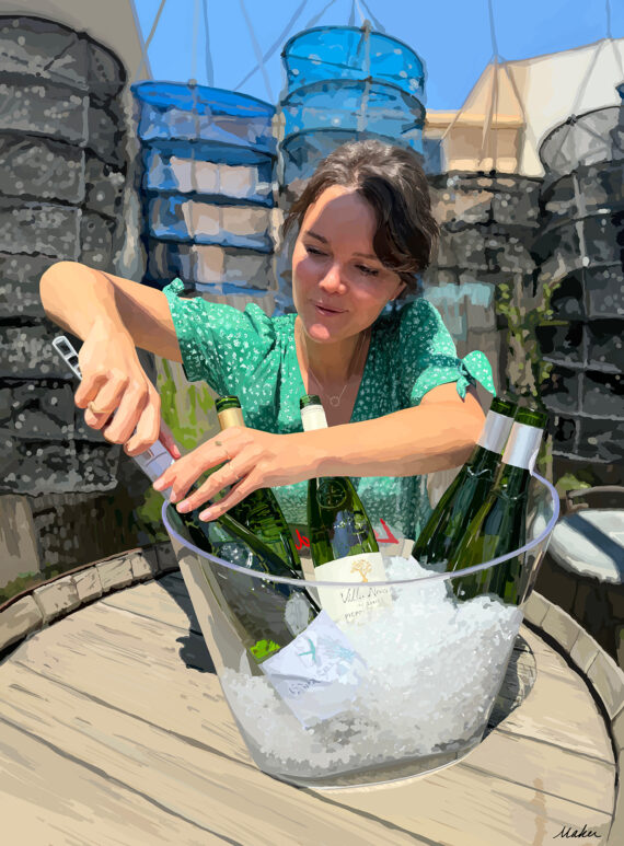 Céleste Renault opening bottles of Picpoul wine